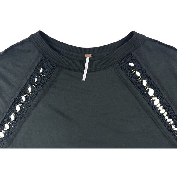Free People Rough Around The Edge Top Black Dolman Sleeves Crochet Grommet Large - Picture 6 of 12